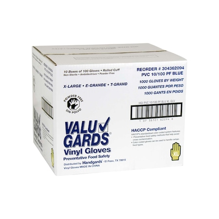 Valugards Valugards Blue V, Disposable Gloves, Vinyl, Powder-Free, XL, 1000 PK, Blue 304362094